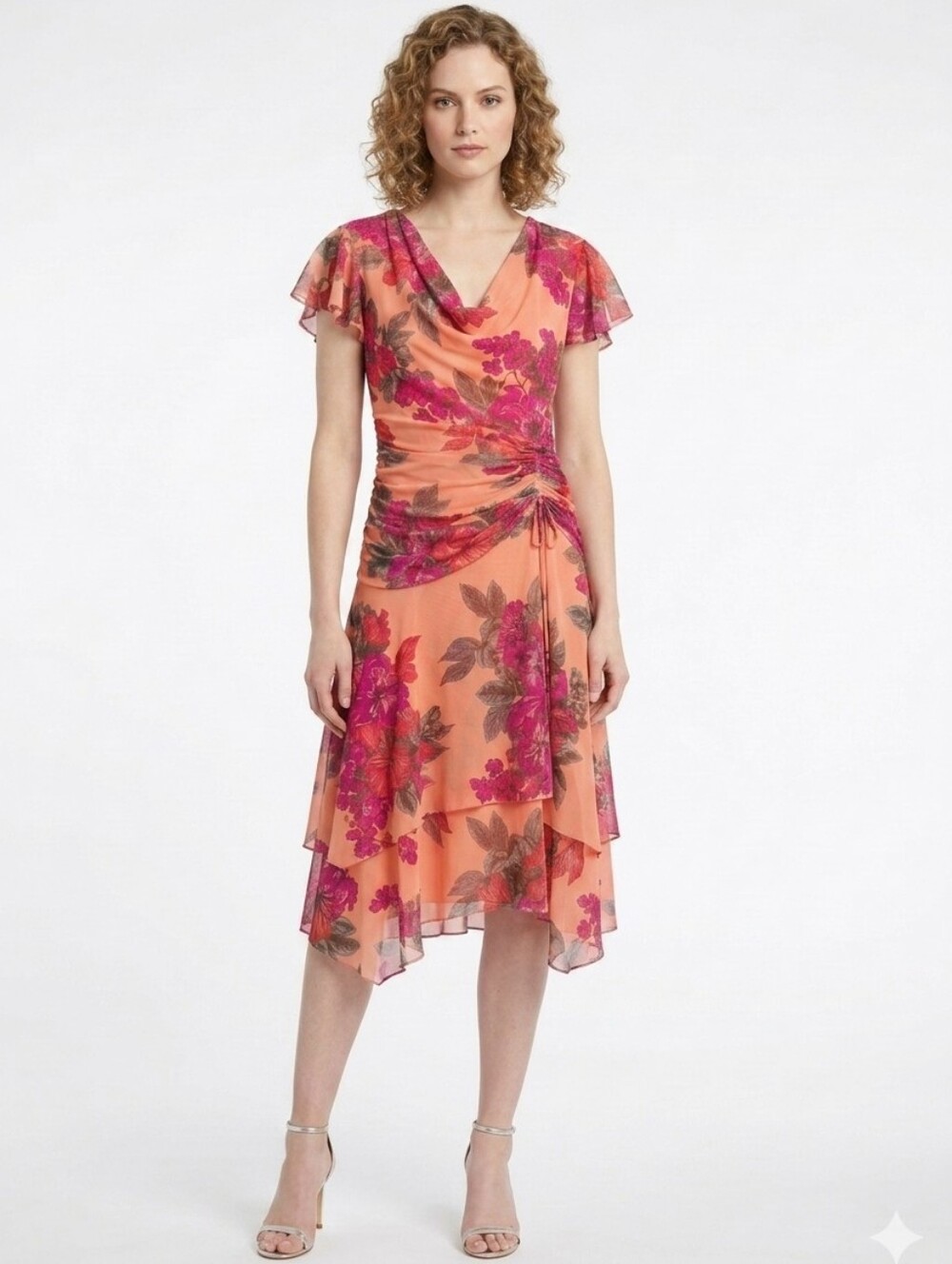 Maison Tara Peach and Hot Pink Floral Dress Size 10